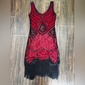 Fundaisy Vintage 1920s Great Gatsby Flapper Dress Beaded Sequin Fringe Red Black